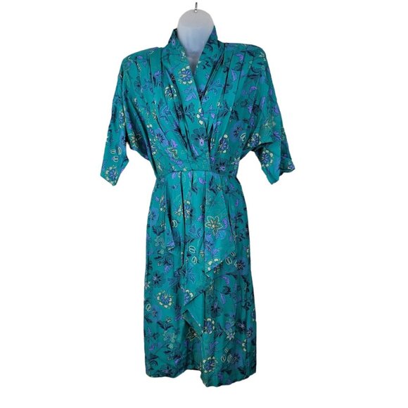 Vintage 80/90s Shirt Wrap Top Dress size 6/8 Floral Cottagecore Alt Teal Blue - Picture 2 of 8